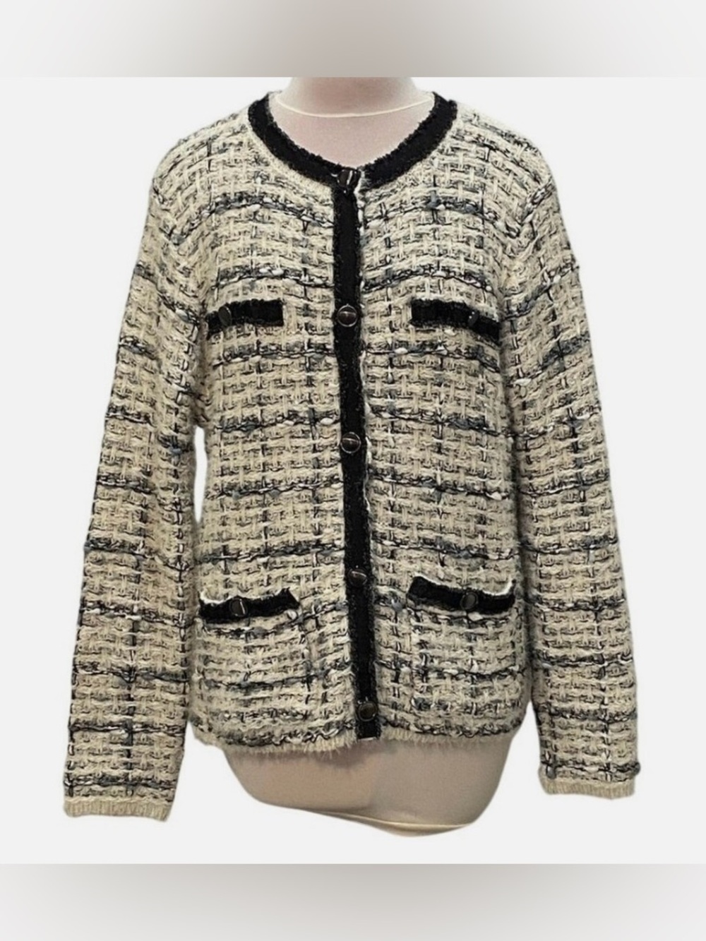 Elegant Black & Gray Tweed Jacket - Classic Women's Sweater